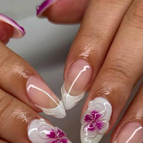 MIAMI NAILS BY CAMI🌴☀️ on Instagram: "🌺 Inspo: @nnailedbynic  • • • • •  #miami #nails #nailsofinstagram #pp #bossbabe #nailsnailsnails #305nails #nails2inspire #apresgelx #almondnails #frenchtipnails #wynwoodnails #doral nails #miaminailartist #jawnails2 #miaminails #miaminailtech #kendallnails #nails #square nails #encapsulatednails #blackfrenchnails #nailporn #auranails #bluenails #quartznail #chromenails #airbrushnailart #3dnails #buildergel #miaminailartists" White Nail, Orchid Nails, Nagel Design, Chrome Nails Designs, Summery Nails, Nagel Inspo, Elegant Nails, Minimalist Nails, Pretty Acrylic Nails