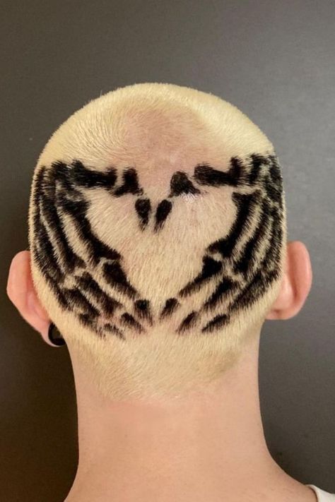 Buzz Cut With Skull Hair Tattoo Hair Tattoo Designs, Shaved Head Designs, Buzzed Hair Women, Haircut Designs For Men, Cool Hair Designs, Hair Doo, Buzz Cut Hairstyles, Tie Dye Hair, Hair Colour Design