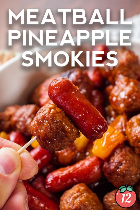 Meatball Pineapple Smokies | 12 Tomatoes Recipes With Lil Smokies, Meatball Pineapple Smokies, Pineapple Smokies, Pineapple Turkey, Meatballs Appetizer, Pineapple Meatballs, Cocktail Weenies, Football Food Appetizers, Little Smokies Recipes