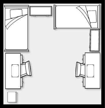 Dorm room layout 14x14 2 Bed In One Room Layout, Small Bedroom Layout For Two Twin Beds, Dorm Room Plan Layout, Dorm Layout Floor Plans Double, Two Beds In One Room Ideas Adults Layout, Twin Room Layout, One Room Two Spaces, Shared Bedroom Layout Ideas, Dorm Set Up Layout Double