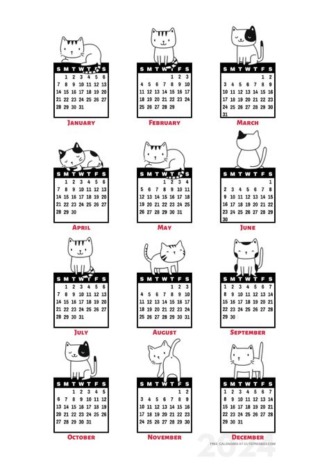 Free Printable Year 2024 Calendar Stickers - Cute Freebies For You Phomemo Printables, Months Calendar, 2024 Bullet Journal, Free Printable Calendar Templates, Future Log, Cat Calendar, Bullet Journal Setup, Bullet Journal Printables, Free Printable Stickers