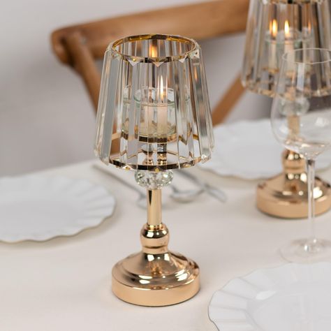 PRICES MAY VARY. Quantity: Set of 2 Candle Holders Material: Metal | Glass Color: Gold and Clear Overall Size: 11" H x 5.25" W Base Size: 4" Dia. Top Opening: 3.5" Dia. Candle Cup Size: 2.5" Dia Glass Lamp Shade Size: 4.5" Dia. Features: Stylish, Beautifully Crafted, Lightweight, Polished, Sturdy Base HIGH QUALITY: These candle holders are made from high-quality premium material. To make things swankier, we have designed it on the master of luster. This elegantly shimmering piece comprises shiny Stained Glass Centerpieces, Pearl Table Decor, Lamp Centerpieces, Dining Table Candles, Clear Glass Lamp, Pillar Candle Stand, Clear Glass Lamps, 2 Candle, Gold Candle Holders