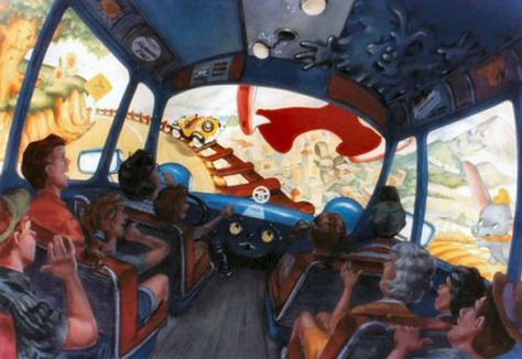 Who Framed Roger Rabbit Toontown Trolley concept art for MGM/Hollywood Studios. The idea was for this to be a cartoony version of Star Tours with some other effects (notice Roger's imprint in the roof) (year unknown) Disney Parks Concept Art, Who Framed Roger Rabbit Concept Art, Theme Park Ride Design, Rise Of The Resistance Ride Disneyland, Disney Roller Coaster, Rock N Roller Coaster, Walt Disney Imagineering, Roger Rabbit, Disney Attractions