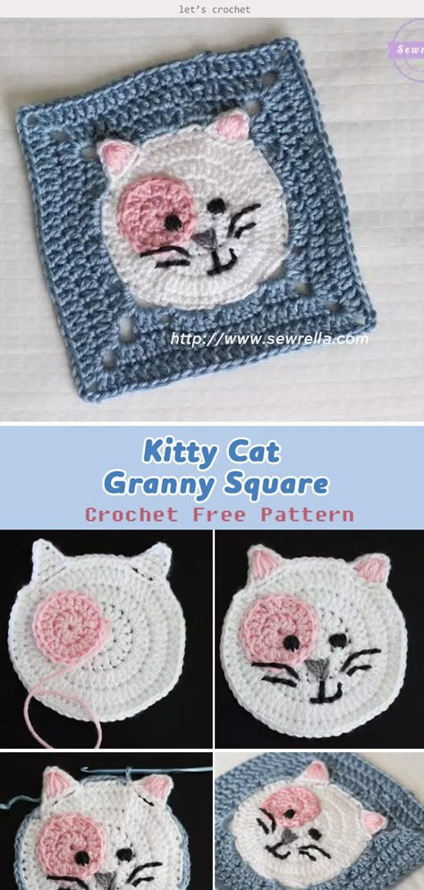 Kitty Cat Granny Square Crochet Free Pattern #freecrochetpatterns #grannysquare #kittycat Cat Granny Square Crochet, Cat Granny Square, Crochet Blanket Edging Patterns, Crochet Granny Squares Patterns, Kat Haken, Crochet Blanket Edging, Blanket Stitches, Granny Square Projects, Granny Square Patterns