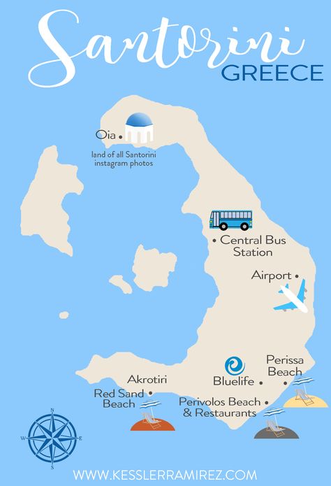 Full Travel Guide to Santorini, Greece by Kessler Ramirez Map Of Santorini Greece, Santorini Map, Greece Bucket List, Perissa Beach, Grecia Santorini, Greek Islands Vacation, Turkey Vacation, Greece Itinerary, Greece Map