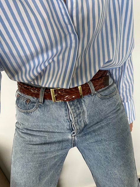 Braided Belt Outfit, Belt Outfit, Outfit Denim, Rm Williams, Braided Leather Belt, Jean Belts, Belt Style, Braided Belt, Stripe Shirt