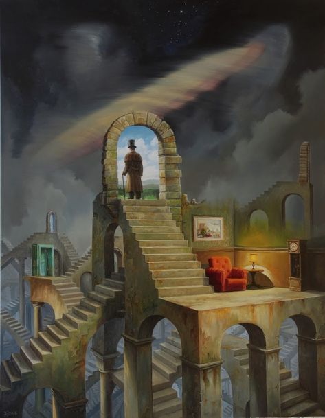 Labyrinth. Oil Paintings of Flying Machines and Architectural Surrealism. By Jarosław Jaśnikowski. Surrealism Painting, Visionary Art, 판타지 아트, Dream Art, Sci Fi Art, Art Movement, Dali, Surreal Art, Banksy