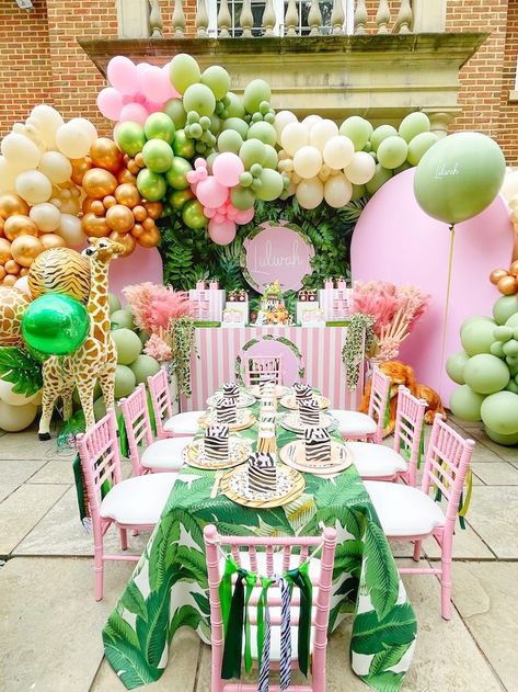 Kara's Party Ideas Pink Jungle Dreams Party | Kara's Party Ideas Pink Jungle Birthday Party, Barbie Safari Party, Pastel Jungle Theme Birthday Party, Pink Safari Birthday Party Decoration, Girly Jungle Birthday Party, Baby Shower Jungle Theme Girl, Pink Jungle Party, Wild 2 Birthday Party Girl, Welcome Two The Jungle Party Girl