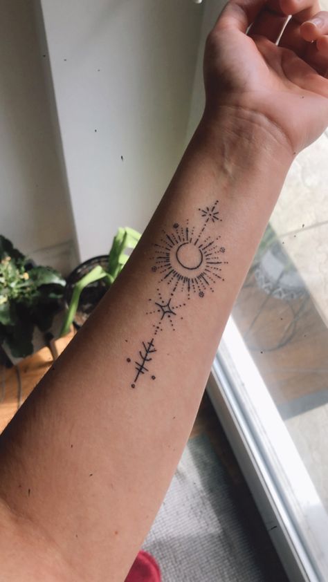 Small Inside Forearm Tattoo Women, Hippie Tattoos For Women, Womens Forearm Tattoo Ideas Unique, Whimsigoth Tattoo, Small Earthy Tattoos, Hippy Tattoo, Moon And Sun Tattoo, Underarm Tattoo, Bohemian Tattoo