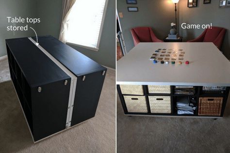 I love DnD, card games, and quick board games. However, with a 2-year-old, space is at a premium. Selling this "set-up" as a storage place and part-time gaming table is a good win with the Partner. Ikea Table Tops, Waterbed Frame, Ikea Loft, Ikea Loft Bed, Used Kitchen Cabinets, Kallax Hack, Game Area, Ikea Kallax Hack, Board Game Storage