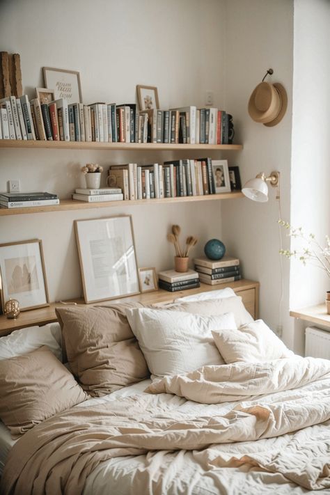 22 Smart Ideas & Organization for Small Bedroom (Looking Bigger + Tricks + Maximise Space) High Shelf In Bedroom, Small Natural Bedroom, Small Cozy Apartment Bedroom, Small Bedroom Inspirations Cozy, Organization For Small Bedroom, Cozy Guest Bedroom Ideas, Minimalist Small Bedroom, Small Double Bedroom, Apartment Upgrades