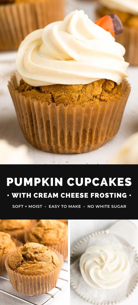 These healthy pumpkin cupcakes with cream cheese frosting are EASY to make! Moist, soft & full of sweet pumpkin spice flavor. Perfect for fall – they taste AMAZING! (Sugar free & low calorie with great gluten free options too!) ♡ Easy pumpkin cupcakes recipe. Best moist pumpkin cupcakes. Homemade pumpkin cupcakes with cream cheese icing. Pumpkin spice cupcakes from scratch. Easy Pumpkin Cupcakes, Pumpkin Cupcakes With Cream Cheese, Gingerbread Bars, Fall Treats Recipes, Pumpkin Cupcake Recipes, Cupcakes Homemade, Baking Healthy, Cream Cheese Frosting Easy, Pumpkin Gingerbread