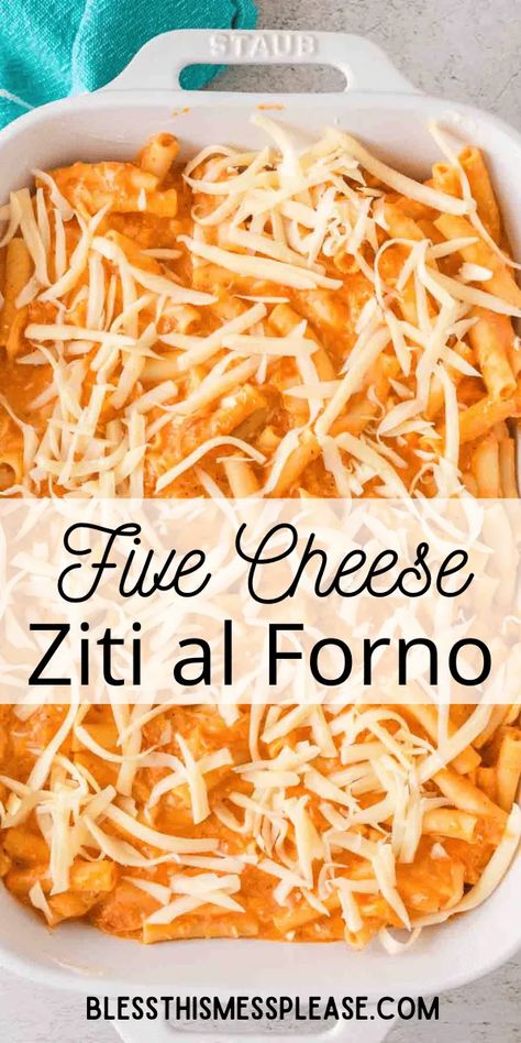 Five Cheese Ziti al Forno is a mouthwatering dish with ziti pasta smothered in a delightful marinara sauce and five luscious cheeses. 5 Cheese Ziti, Five Cheese Ziti Al Forno, Cheese Ziti, Five Cheese Ziti, Ziti Al Forno, Quick Chicken Dinner, Meatless Dishes, Inexpensive Dinners, Ziti Pasta