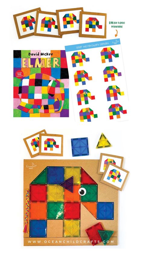 Elmer the elephant puzzle craft and printable. Book from David Mckee. Perfect to use with magnetic tiles. For kindergarten and preschool. Elmer Ideas Eyfs, Elmer The Patchwork Elephant Activities, Elmer The Elephant Craft, Elmer Elephant Craft, Elephant Math Activities For Preschool, Elmer Preschool Activities, Elmer Activities Eyfs, Elmer The Elephant Activities Preschool, Elephant Activities For Preschool