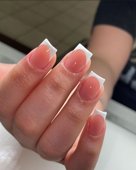 French White Tips Nails, White French Tips Short Square, Small Squared Acrylics, Short Basic French Tip Nails, Deep U French Nails, Short Nail Designs Gel Simple French Tips, Short Fresh Tip Nails, Nails Acrylic Square Round, Short Acrylic Nails French Tip White