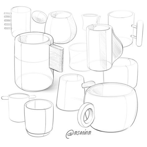 Cup Designs Drawing, Pottery Design Sketch, Cup Sketch Drawings, Cups Ideas Design, Drawing On Cups Ideas, Drawing On Cups, Pottery Sketch, Gadgets Drawing, Cup Sketch