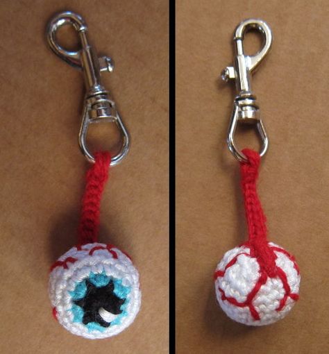 Eyeball key-chain Eyeball Crochet Pattern Free, Crochet Eye Keychain, Crochet Eye Ball Free Pattern, Eye Ball Crochet, Crochet Eyeball Keychain, Eyeball Crochet Pattern, Halloween Crochet Bookmarks, Halloween Crochet Keychains, Crochet Eyeball Pattern Free