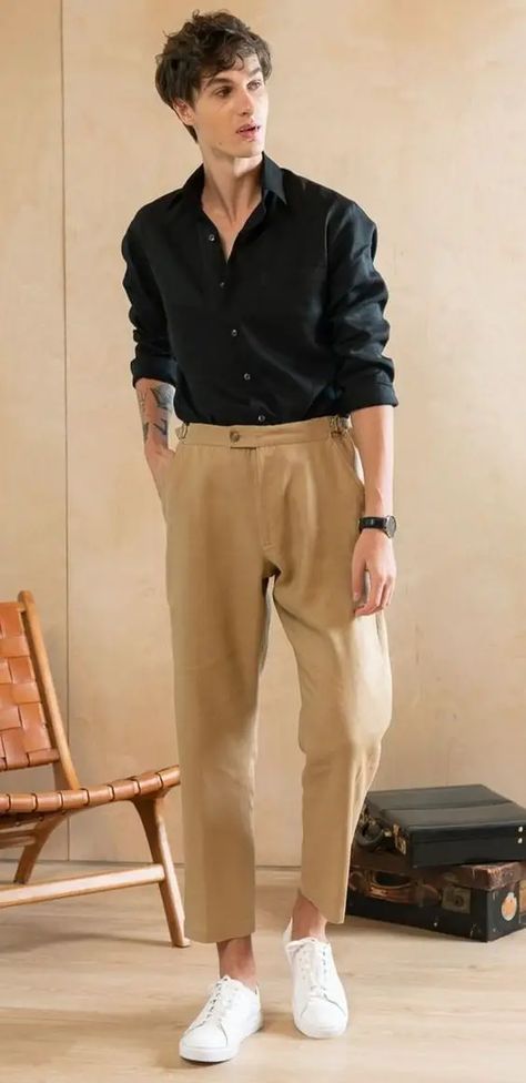 16 birthday outfit ideas for men in 2024: Stylish and trendy options - mens-club.online Black Summer Men Outfit, Black Shirt Beige Pants Outfit Men, Black Shirt Beige Pants Men, Men Linen Outfit Casual, Black Linen Outfit Men, Black Shirt Khaki Pants Outfit Men, Khaki Shirt Outfit For Men, Black And Beige Outfit Men, Beige Pants Men Outfit