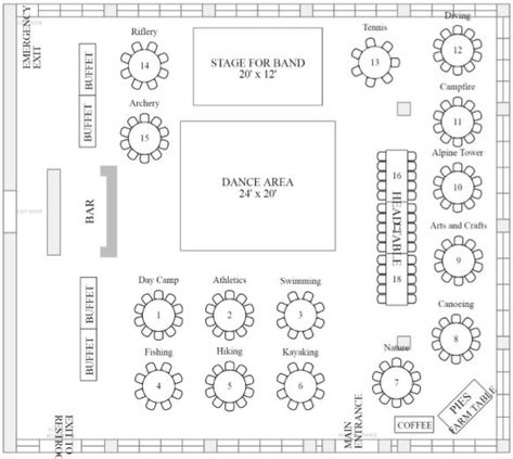 This reception had 170 guests with a buffet dinner and a live band.  There was a stage for the band and this client chose to dance on the brick floor. Party Floor Plan Layout, Gym Wedding Reception, Reception Plan, Reception Table Layout, Wedding Planner Job, Reception Buffet, Wedding Table Layouts, Buffet Wedding Reception, Wedding Illustrations