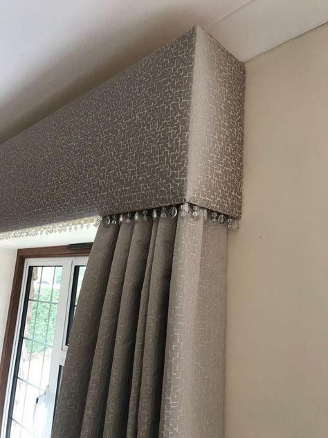 Curtains with flat padded pelmet with bead trim in Haslemere Hallway Hallway Window Curtains, Pelmets Curtains, Curtains And Pelmets Ideas, Window Pelmet Ideas Modern, Pelmets Ideas Modern, Pelmet Ideas Modern, Modern Curtain Pelmet, Curtain Pelmet Ideas Modern, Curtains With Pelmet