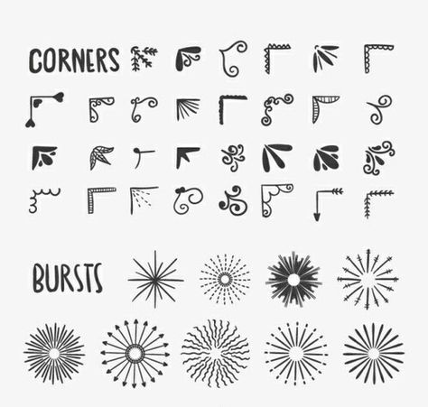 Corner Borders For Paper Hand Drawn, Corner Embellishment Drawing, Corner Boarder Designs Simple, Decorate Envelope Ideas Hand Drawn, Hand Lettering Embellishments, Doodle Corner Borders, Decorative Letters Drawing, Simple Corner Designs, Drawing Embellishments