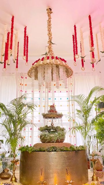 S U M M A T I on Instagram: "And that's how we decorated the ceiling 🥰 Removed the fan to affix Chhatri and attached garlands using masking tapes so that there is no damage to the ceiling It was our humble attempt to go eco-friendly and sustainable this time. We made Lots of parrots from coconut leaves to hang with garlands and displayed them at various places. Stay tuned to see more videos on other DIYs that we did for this setup. Thank you for your unconditional love and support always. My in Bappa Decoration Ideas, Ganpati Bappa Decoration Ideas, Best Ganpati Decoration At Home, Ganpati Bappa Decoration, Ganpati Decoration Theme Ideas, Bappa Decoration, Eco Friendly Ganpati Decoration, Ganpati Decoration Theme, Coconut Decoration