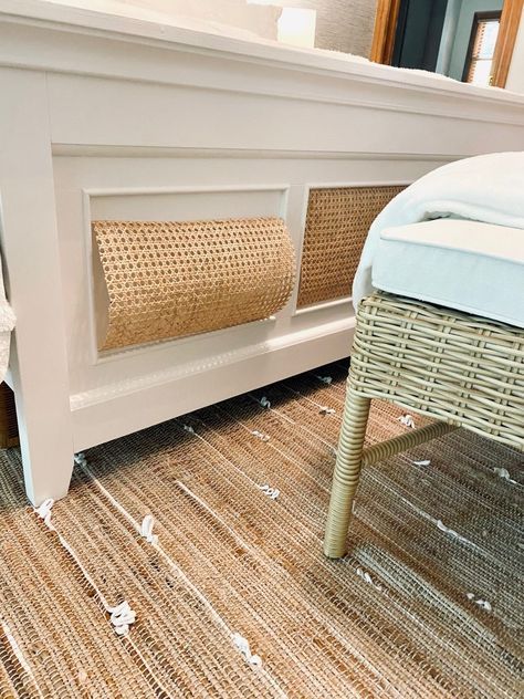 WHITE AND CANE BED DIY - Classically Modern Life, Style & Home Adding Cane Webbing To Cabinets, White And Rattan Bedroom, Upcycled Bed Frame, Caning Furniture Diy, Serena And Lily Bedroom Ideas, Rattan Furniture Diy, Rattan Headboard Bedroom Ideas, Diy Rattan Headboard, Diy Rattan Furniture