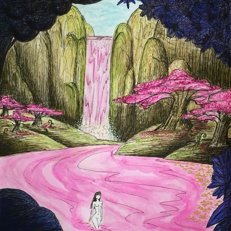 Waterfall Drawing Easy, Waterfalls Drawing, Waterfall Sketch, River Drawing, Waterfall Drawing, Enchanted Lake, Spam Post, Water Lilies Painting, Dream Drawing