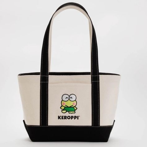 BAGGU X SANRIO KEROPPI Beige & Black Canvas Tote Bag NWT Black, Exterior, Sanrio Keroppi, Canvas Tote Bag, Canvas Tote, Front Pocket, Cotton Canvas, Tote Bag, Canvas