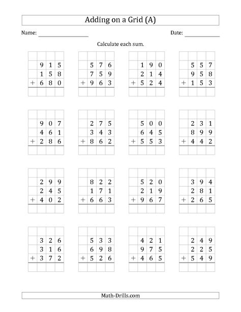 The Adding Three 3-Digit Numbers on a Grid (A) math worksheet from the Addition Worksheet page at Math-Drills.com. Adding Three Numbers, Easy Math Worksheets, Third Grade Math Worksheets, Math Fact Worksheets, Numbers Worksheet, Math Practice Worksheets, Math Addition Worksheets, Three Digit Numbers, 4th Grade Math Worksheets