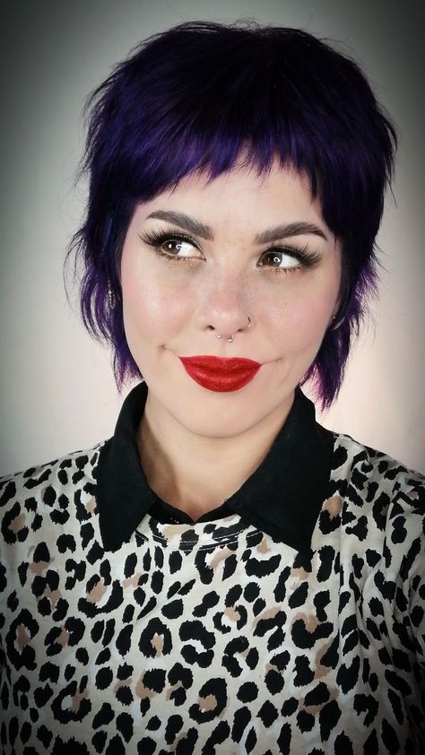 Purple Rain Hair Short Pixie Mullet Haircut For Women, Short Punky Hairstyle Women, Purple Mullet Hair, Purple Pixie Haircut, Mullet Styling, Pixie Mullet Haircut, Purple Rain Hair, Purple Mullet, Short Haircuts Ideas