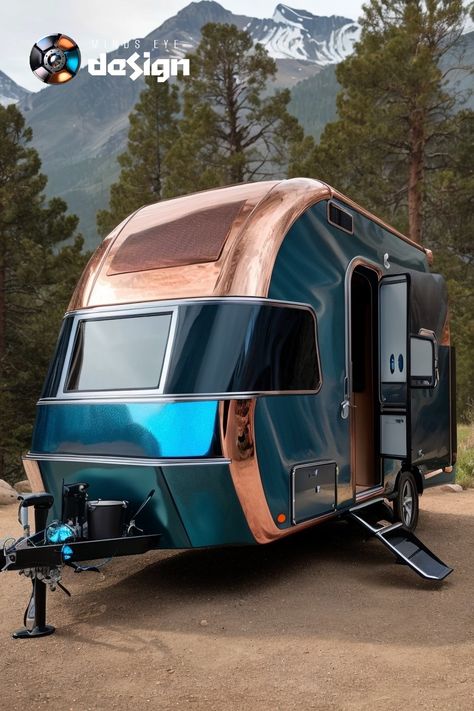 A vintage camper trailer is restored to a work of art. A stunning finish of copper guild and blue patinas highlight this unusual restiration. Vintage Camper Paint, Chevy Astro Camper, Vintage Teardrop Camper, Tradie Trailer Camper, Retro Trailers, Riverside Retro Travel Trailers, Classic Campers, Tiny House Camper, Rv Ideas