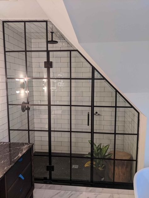 Black Framed Shower Glass Panel, Bathrooms With Angled Ceilings, Angled Bathroom Layout, Shower Angled Ceiling, Angled Ceiling Shower Ideas, Slanted Ceiling Shower Ideas, Shower With Angled Ceiling, Small Slanted Ceiling Bathroom, Bathroom With Angled Ceiling