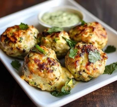 Weight Watchers 2024: Easy Recipes With Points | Low Carb Chicken Zucchini Poppers with Creamy Cilantro Sauce  | Facebook Zucchini Poppers, Chicken Zucchini Poppers, Creamy Cilantro Sauce, Cilantro Sauce, Chicken Zucchini, Low Carb Chicken, Paula Deen, Ground Chicken, Easy Family Meals