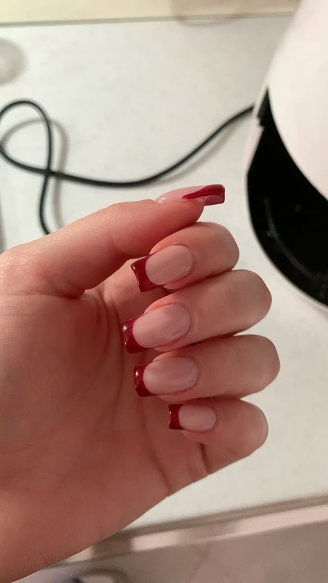 Square Tipped Nails, Cute Nails Square French Tip, Colored French Square Nails, French Nails With Burgundy, Nail Square French Tip, Nail Inspo For Square Nails, Cherry Red French Tip Nails Square, Cherry French Tip Nails Square, Burgundy French Tip Nails Square