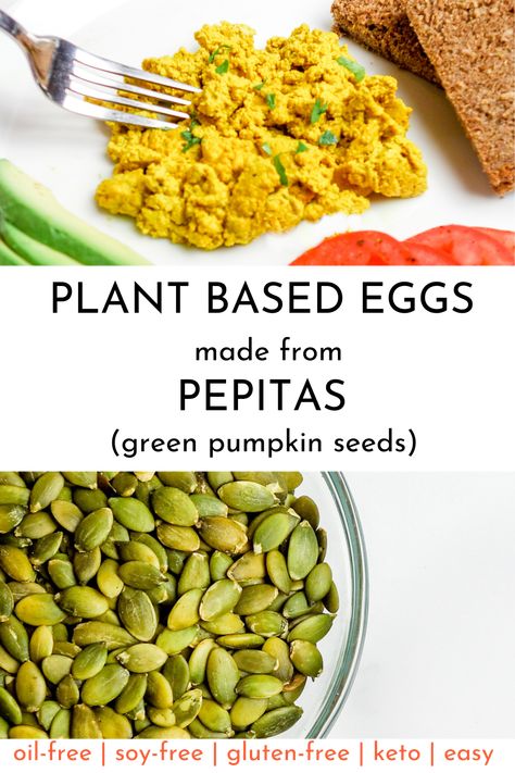 My easy vegan pumpkin seed scramble is your new favorite breakfast! It is soy-free, oil-free, keto, grain-free and gluten-free. #pepitascramble #wfpb #pumpkinseed scramble #veganscramble #veganscrambledeggs #soyfree #oilfree #oilfreevegan #pepitas #pepitascrambledeggs #eggfreescramble #veganprotein #plantbasedeggs #plantbased #vegan #notofu #ketovegan #keto #veganketo #cleaneating #cleaneats #glutenfree #eggreplacement Plant Based Eggs, Vegan Breakfast Options, Plant Based Diet Recipes, Break Fast, Vegan Eggs, Pumpkin Seed, Plant Based Lifestyle, Dinner Healthy, Vegan Pumpkin