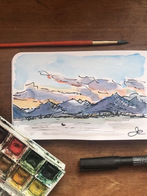 Mountain Paintings Watercolor, Mountains Watercolor Simple, Landscape Sketch Watercolor, Landscape Art Sketchbook, Quick Watercolor Landscape, Landscape Sketchbook Ideas, Mountain Watercolour Painting, Watercolor Art Sketchbook, Watercolor Painting Mountains