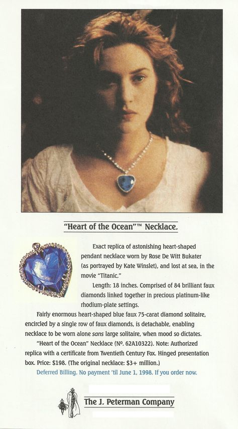 How Titanic’s Iconic Necklace Almost Sank the J. Peterman Company - Racked The Heart Of The Ocean, Heart Of The Ocean, Fine Clothing, J Peterman, Ocean Heart, Titanic Movie, Ocean Necklace, Heart Shaped Pendant Necklace, Rms Titanic