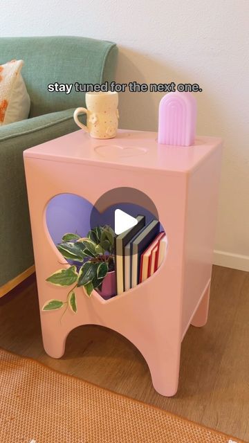 Candyce ✨ Curious Homewares on Instagram: "The sweetest side table is finished ☺️🎀💗 (and available NOW!) I’m sooo glad I revisited this side table design with a little twist from the first version. I can’t wait to make more themes and I will try to resist the urge to paint it pink, no matter how cute it would be 😆🌷  #sidetable #furnituredesign #sidetabledecor #sidetablestyling" Kawaii Side Table, Diy Dopamine Decor, Places Background, Cute Side Table, Pink Side Table, Cardboard Display Stand, Preppy Birthday, Side Table Styling, Dopamine Decor