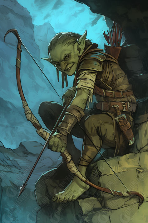 Goblin ledge archer (Storm King's Thunder) Goblin Fantasy Art, Archer Concept Art, Goblin Art Dnd, Goblin Archer, Dnd Animals, Npc Dnd, Storm Kings Thunder, Archer Characters, Goblin Art