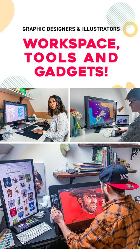 Whether you work from home, share a co-working space or work as a designer in a studio, having a comfortable workspace and professional tools is fundamental to fuel your creativity but it also helps to enhance your productivity! take a look at our tools and gadgets! Graphic Design Workspace, Graphic Designer Desk, Creative Workspace Inspiration, Design Workspace, Artist Workspace, Design Studio Workspace, Art Tablet, Comfortable Workspace, Art Studio Space