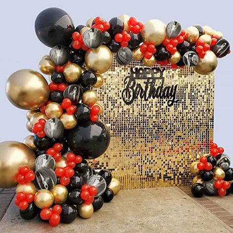 Black Gold Balloon Garland, Black And Gold Party Decorations, Gold Balloon Garland, Red Party Decorations, Gold Birthday Party Decorations, Black Party Decorations, Red Birthday Party, Chrome Top, Black And Gold Balloons