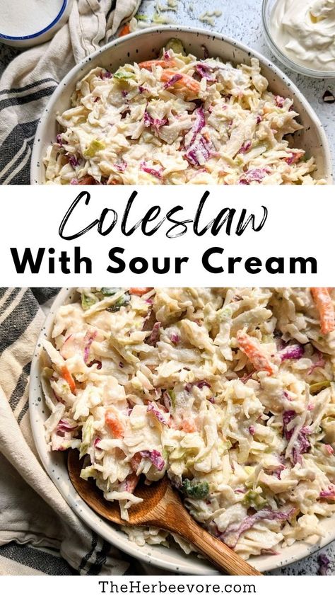 This coleslaw with sour cream recipe is a simple and delicious side dish - ready in just 10 minutes! A creamy coleslaw with vinegar, sugar, sour cream, and a few spices. Best Creamy Coleslaw Recipe, Coleslaw Dressing With Sour Cream, Coleslaw Recipe With Sour Cream, Sour Cream Recipes Easy, Creamy Coleslaw Recipe, Sour Cream Dressing, Creamy Coleslaw Dressing, Creamy Slaw, Classic Coleslaw Recipe