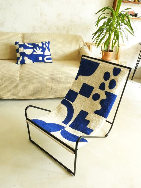 Tufted Mirror, Unique Accent Chair, Tufting Diy, Metal Frame Chair, Blue Accent Chairs, Funky Rugs, Woven Furniture, Abstract Wall Decor, Sling Chair