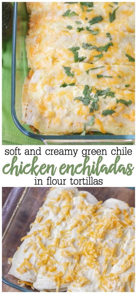 Green chile chicken enchiladas made from chicken, sour cream, cream cheese and more stuffed into a soft flour tortilla. These are the creamiest chicken enchiladas you will ever find! Chicken Enchiladas With Sour Cream, Creamy Chicken Enchiladas Recipe, Sour Cream Chicken Enchilada Recipe, Tortilla Chicken, Chicken Sour Cream, Cream Cheese Enchiladas, Enchiladas Chicken, Cream Cheese Chicken Enchiladas, Green Chicken Enchiladas