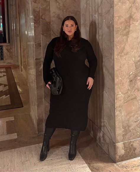 Midi Dress Outfit Plus Size, Black Midi Long Sleeve Dress, Black Midi Dress Outfit, Long Sleeve Dress Outfit, Midi Long Sleeve Dress, Knitted Dress Outfit, Plus Size Midi Dress, Black Long Sleeve Midi Dress, Sophia Black