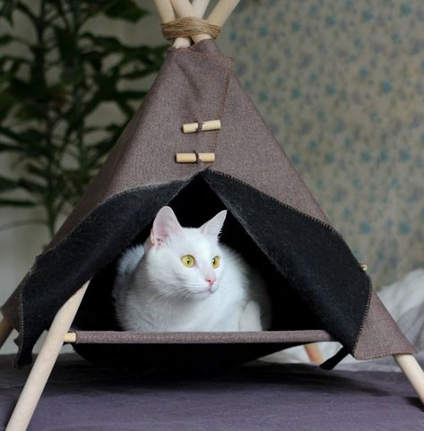 How to Make a DIY Pet Teepee in 6 Easy Steps Diy Cat Teepee, Cat Tent Diy, Diy Cat Hammock, Diy Cat Tent, Dog Teepee, Cat Teepee, Diy Cat Bed, Diy Teepee, Old Bed Sheets