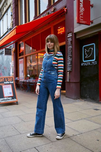 70s Dungarees Outfit, Vintage Dungarees Outfit, Striped Dungarees Outfit, Overalls With Striped Shirt, Manchester Fashion, Sophia Rosemary, Overalls Jeans, Striped Overalls, Overalls Fashion