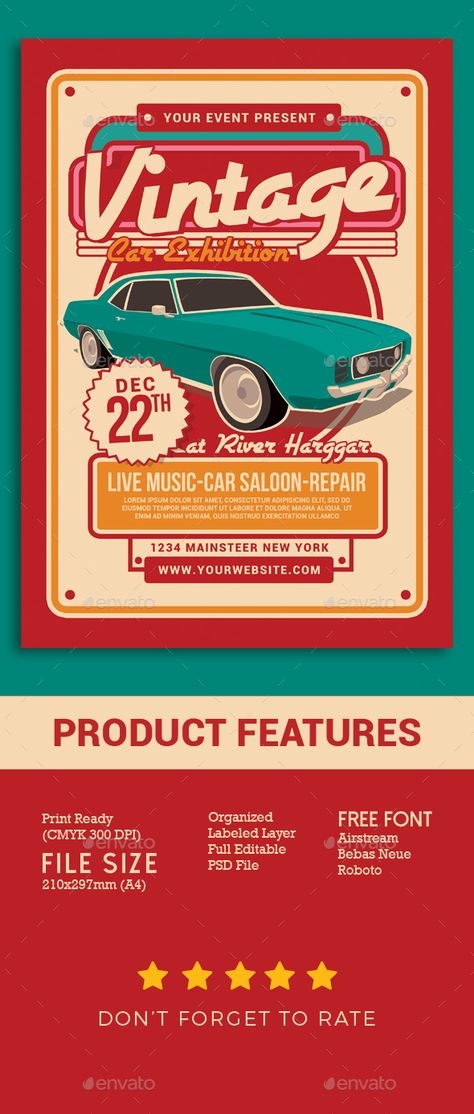 Vintage Car Exhibition. Customizable professional template for an event flyer. #FlyerTemplate #flyer #event #GraphicTemplate #design #PrintDesign #auto #automotive #CarShow #classic #convertible #creative #driver #engine #EventCar #fast #festival #HotRod #invitation #MotorCar #motorsport #MuscleCar #old #post #races #racetrack #racing #retro #show #star #stars #template #vintage #wheel Retro Racing Poster, Stars Template, Car Exhibition, Classic Convertible, Presentation Board Design, Automotive Logo Design, Invitation Flyer, Classic Car Show, Event Poster Design