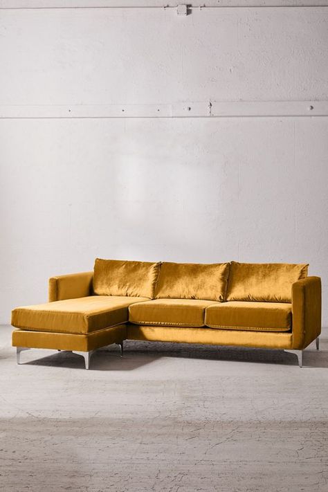 10 Mustard Yellow Sofas for a Mid-Century Modern Vibe Orange Velvet Sofa, Velvet Sectional Sofa, Turquoise Throw Pillows, Yellow Couch, Velvet Decor, Velvet Sectional, Yellow Sofa, Velvet Couch, Pink Throw Pillows